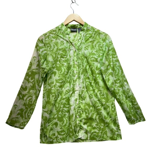 Additions By Chicos Womens Pintuck Button Front Blouse Size 0 Green Floral Boho - Picture 1 of 11